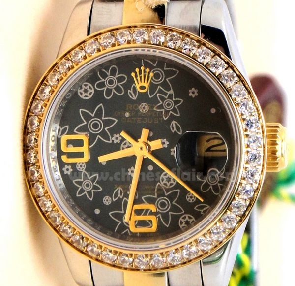 Rolex 2-Tone Oyster Bracelet Black Flower Dial Diamond Bezel Rolex 2-Tone Oyster Bracelet Black Flower Dial Diamond Bezel